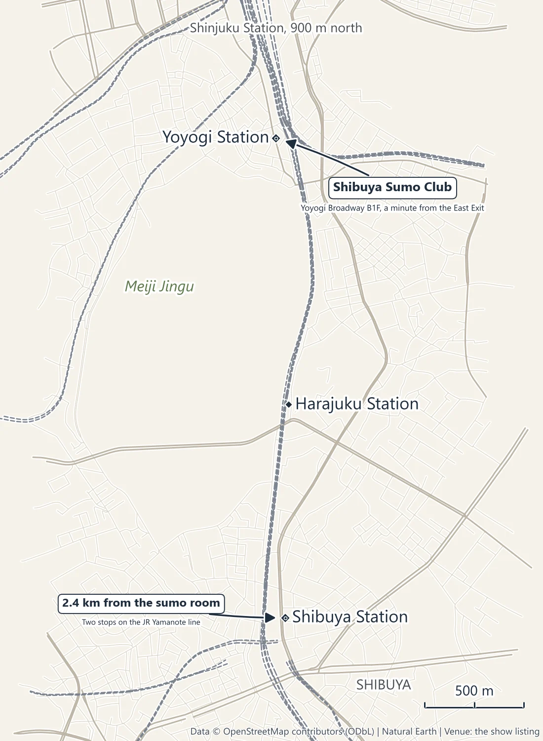 Map of the Shibuya sumo show at Yoyogi Station, with Shibuya, Harajuku and Shinjuku stations on the JR Yamanote line