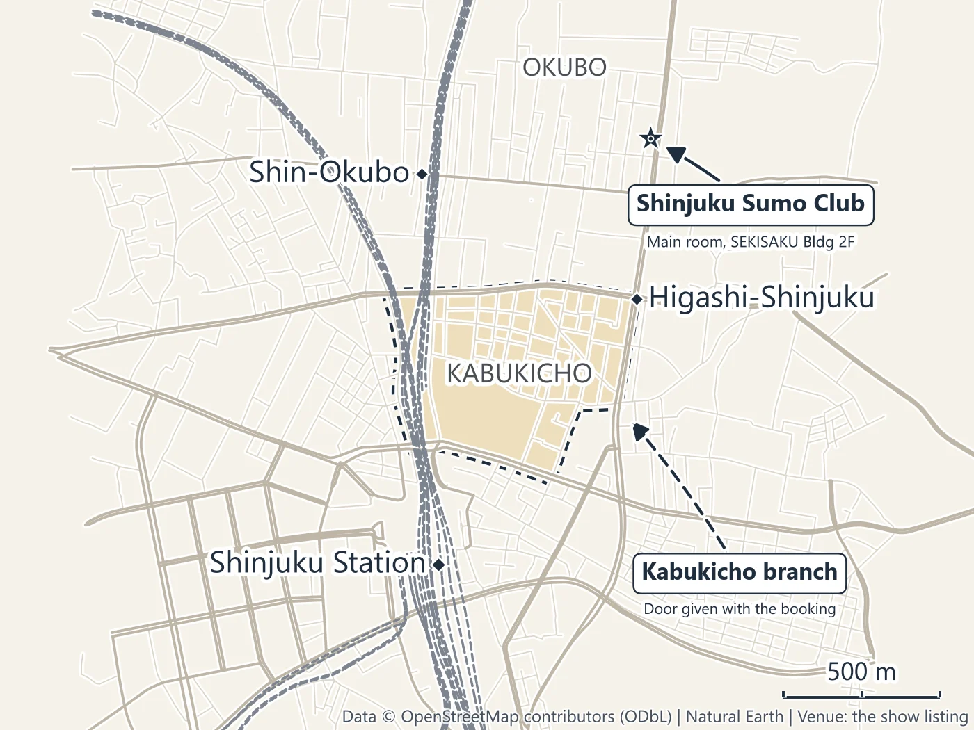 Map of the Shinjuku sumo show venues: the main Shinjuku Sumo Club in Okubo near Higashi-Shinjuku Station, and the Kabukicho branch north of Shinjuku Station