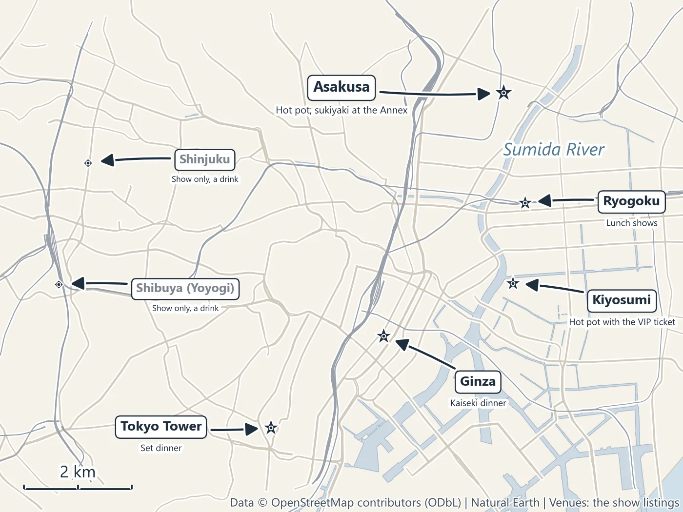 Map of Tokyo sumo dinner show venues in Asakusa, Ginza, Tokyo Tower, Kiyosumi and Ryogoku, with the drink-only show rooms in Shinjuku and Shibuya