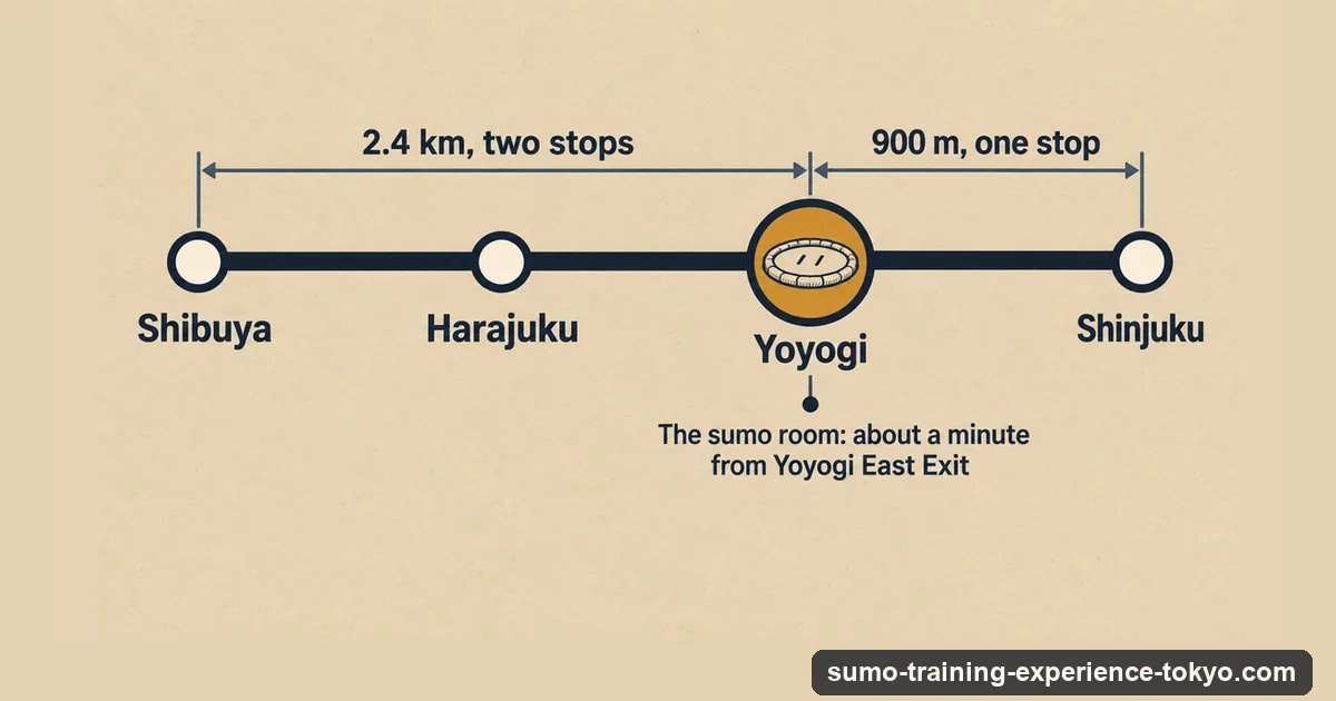 Infographic: the Shibuya sumo show is at Yoyogi Station on the JR Yamanote line, two stops from Shibuya and one from Shinjuku