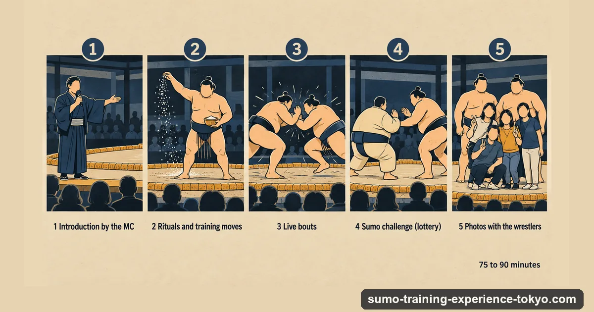 Illustration of a Tokyo sumo show: the MC, the ritual salt throw, a live bout, the guest challenge and photos with the wrestlers