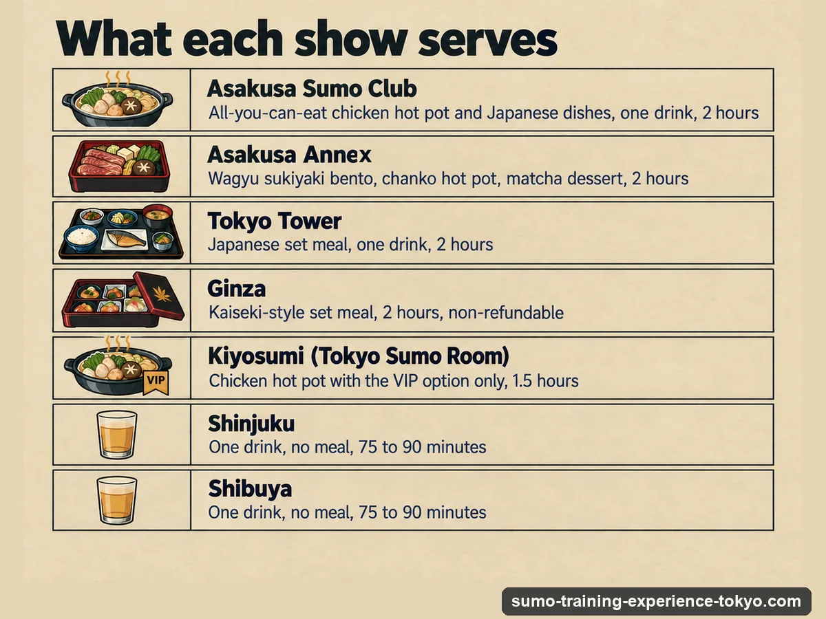 Infographic: what each Tokyo sumo dinner show serves - Asakusa hot pot, Asakusa Annex sukiyaki, Tokyo Tower set meal, Ginza kaiseki, Kiyosumi hot pot with the VIP ticket, and the drink-only Shinjuku and Shibuya shows